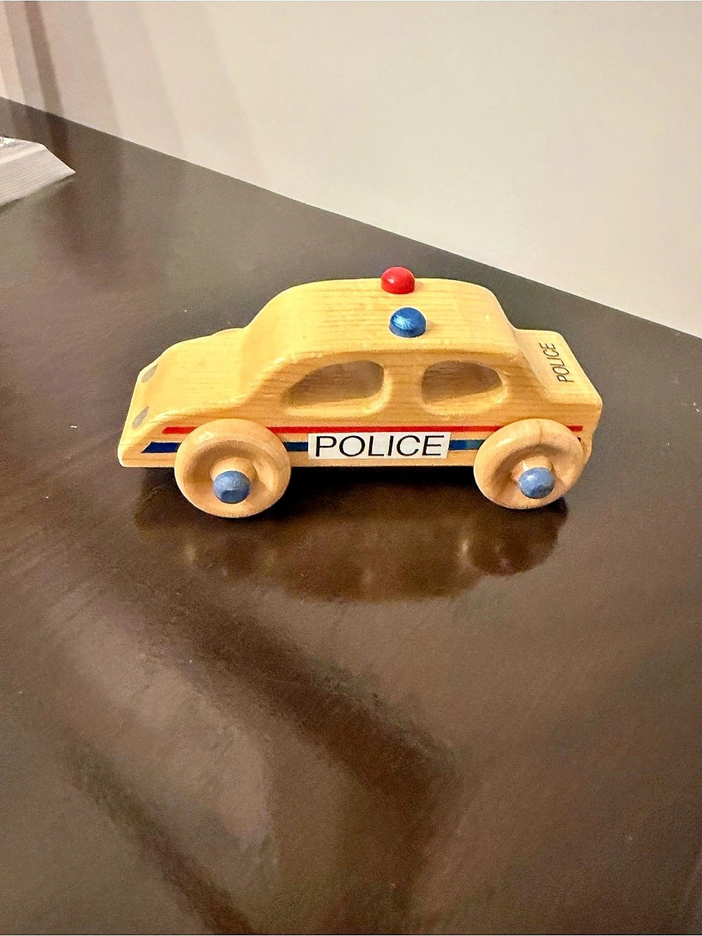 Wooden Police Car Toy in Yellow & Blue